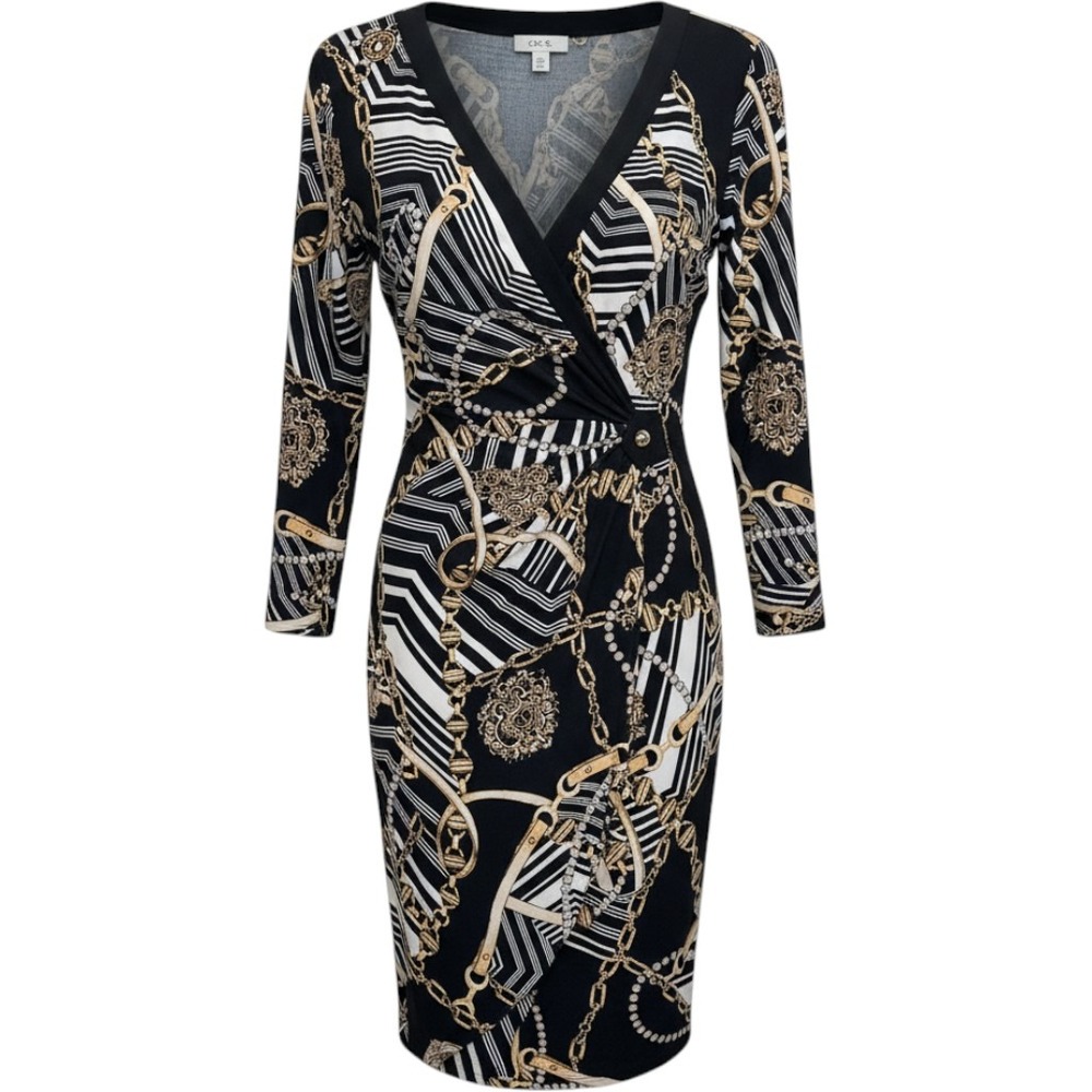 Cache Faux Wrap Dress Size M Black White Gold Chain Print V-Neck 3/4 Sleeve